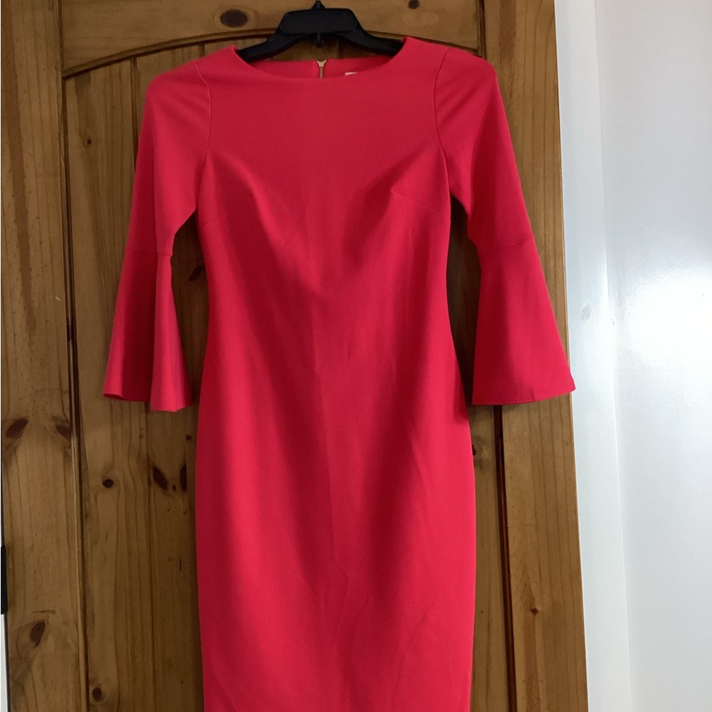 Calvin Klein Hot Pink Midi Sheath Dress with Bell Sleeves